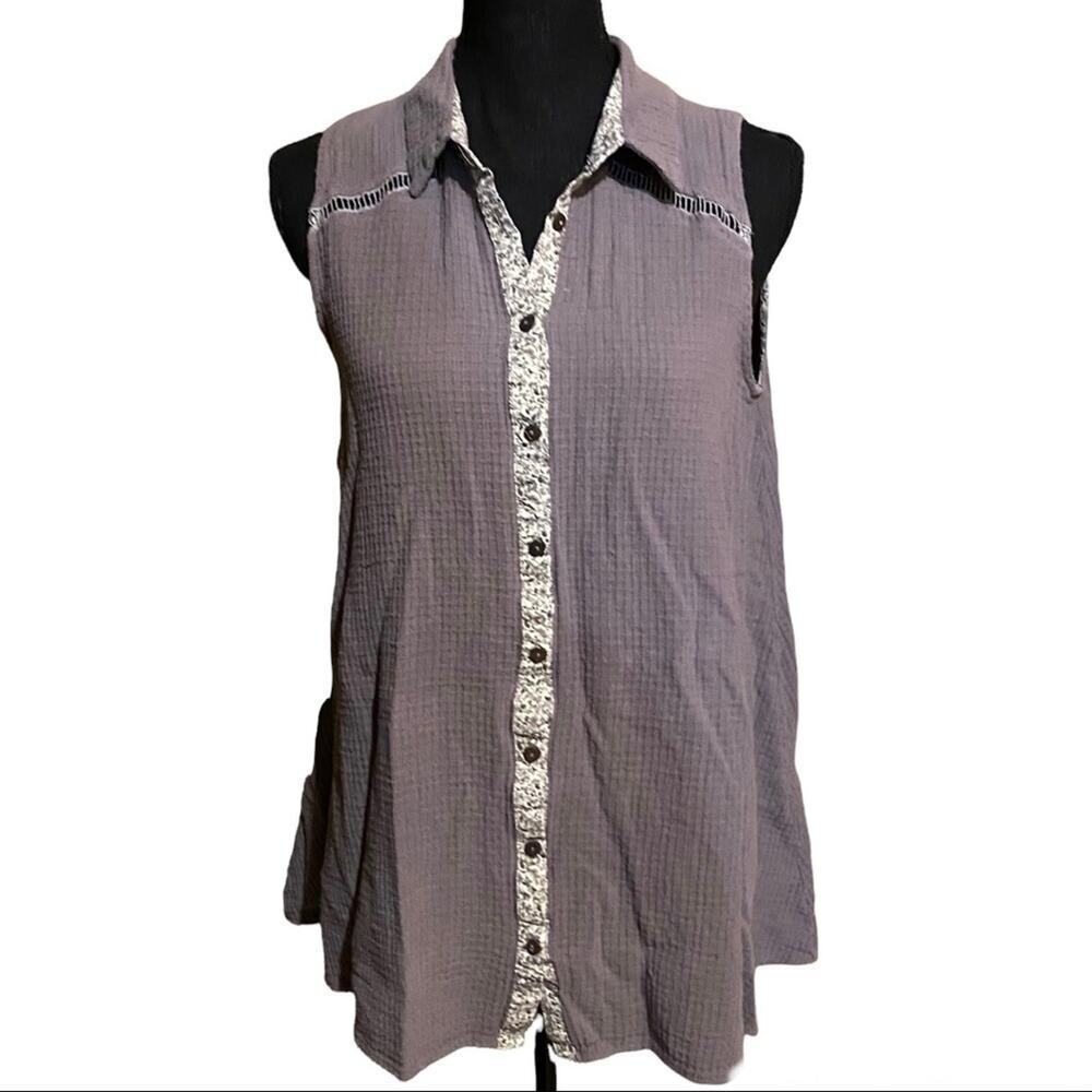 Oddy Waffle Knit Lightweight Lagenlook Button Front Top Women's M Medium